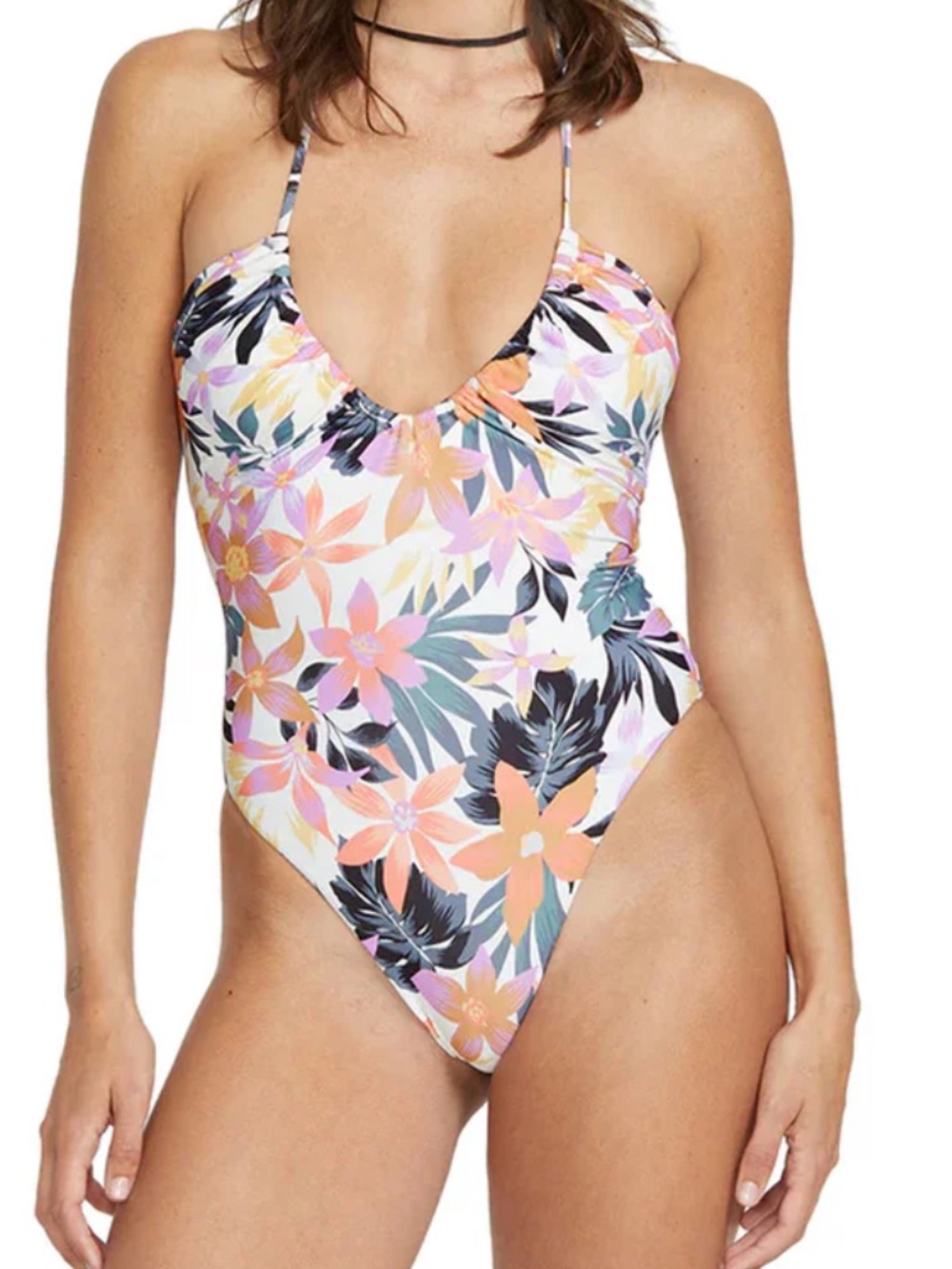 Volcom White Floral One-Piece Swimsuit with Peach and Black Accents